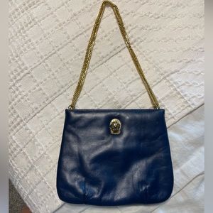 Vintage Ruth Saltz Navy Leather Shoulder Handbag with Gold Hardware & Lion Head